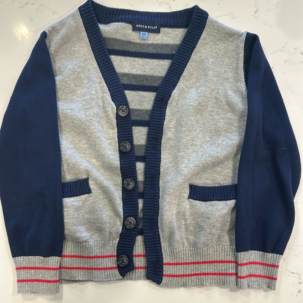 Andy & Evan Baby Boy Grey & Navy Stripe Varsity Cardigan Sweater